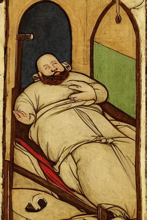Prompt: “Bored Fat man with beard in Hospital Bed. Text Porvoo. Medieval art”