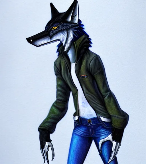 Image similar to expressive stylized master furry artist digital colored pencil painting full body portrait character study of the sergal wolf fursona animal person wearing clothes jacket and jeans by master furry artist blotch