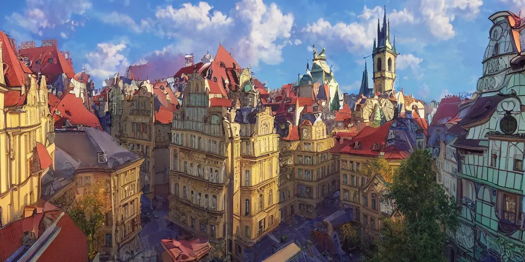 Prompt: art nouveau prague old town, pixar style, ghibli studio, anime style, 8 k hdr, octane render, unreal engine 5, trending on deviantart, natural lighting, path traced, highly detailed, high quality, godrays, complementary colors, beautiful landscape, cartoon, high coherence, soft lighting, soft colors, digital art, digital painting, matte