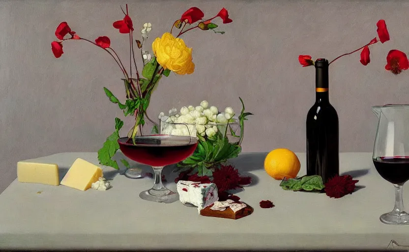 Image similar to an achingly beautiful still life featuring blooming flowers, tillamook cheese, and red wine by Raphael, Hopper, and Rene Magritte. detailed, romantic, enchanting, trending on artstation.