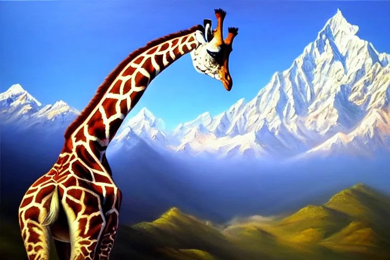 Image similar to ( ( a beautiful 8 k photorealistic masterpiece oil painting ) ( of ( a giraffe riding a tiger ) ( in the nepalese himalayas ) ) ( hyperrealism ) ( 1 6 k ) ( trending on artstation )