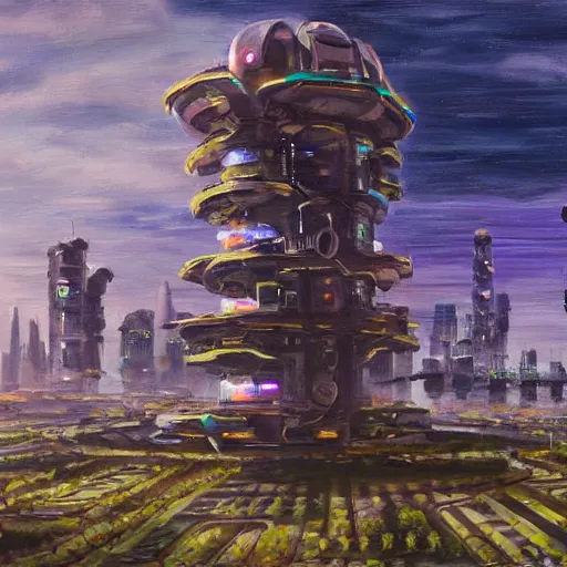 Prompt: A detailed oil painting of a futuristic solarpunk city, in the style of Bob Ross