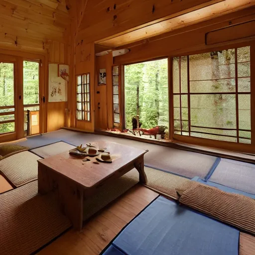 Prompt: photo of interior of cozy cottage with english and japanese style, forest theme