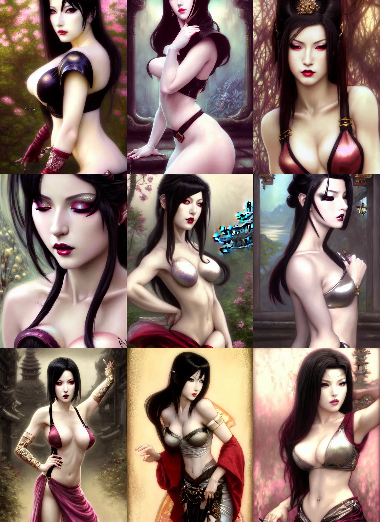 Prompt: glamorous Tifa lockheart portrait, beautiful makeup, pearlescent skin, seductive eyes and face, elegant, lascivious pose, very detailed face, highly detailed kimono, some dust in the air, ancient japanese temple on the background, photorealism, portrait by Magali Villeneuve and Steve Argyle,Livia Prima,Mucha,dress,fantasy art,beautiful,artstation,trending on artstation,intricate details,alluring,masterpiece