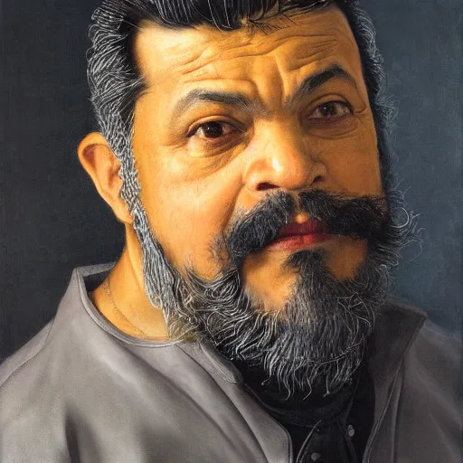 Prompt: front medium portrait of a middle - aged mexican man with a beard, wearing a black leather jacket, blank background, rembrandt lighting, detailed, by kehinde wiley, kadir nelson, andrew wyeth