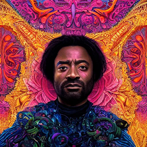 Image similar to portrait of chiwetel ejiofor, hyper detailed masterpiece, neon floral pattern, jean giraud, digital art painting, darkwave goth aesthetic, psychedelic, artgerm, donato giancola and tom bagshaw