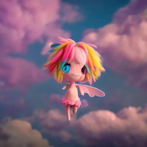 Image similar to cutest tiny fantasy cloud animal, with sprouting rainbow hair, hd, japanese anime artist drawn, dlsr, dream animal cute eyes, trending on artstation, cotton candy, octane render, cinematic