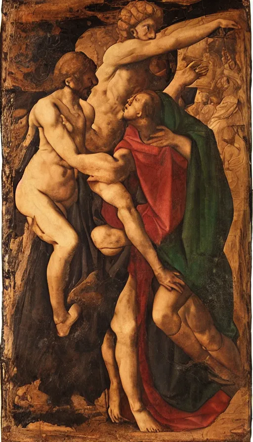 Image similar to two men in love seperated by a deity, on one side is light on the other is darkness, renaissance style