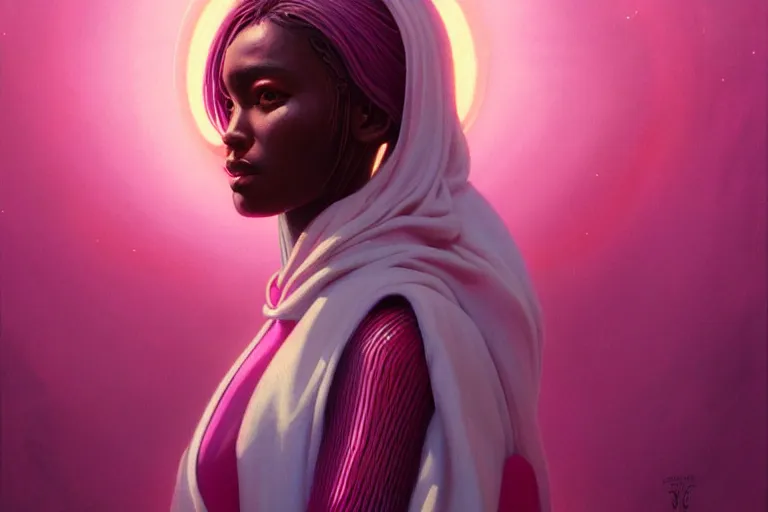 Image similar to patron saint 👩🏾, futuristic clothing, pink background, warped gravity, neon god of city character portrait, in the style of moebius, wlop, tom bagshaw, and waterhouse, cinematic lighting, beautiful, elegant, oil painting,