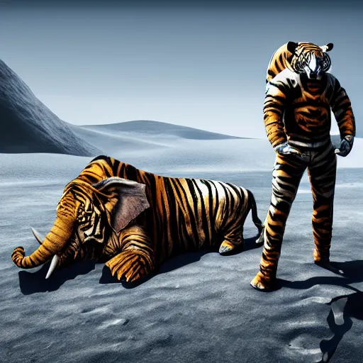 Prompt: A hyper real comic book style portait painting of an elephant and a tiger walking on the moon, unreal 5, hyperrealistic, octane render, cosplay, RPG portrait, dynamic lighting