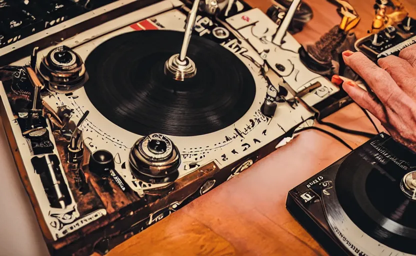 Prompt: a turntablist dj scratching on a retro steampunk clockwork mixing board and record player