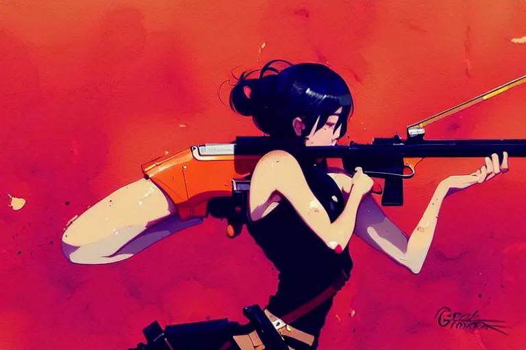 Image similar to a ultradetailed beautiful panting of a stylish woman shooting a rifle, by conrad roset, greg rutkowski and makoto shinkai, trending on artstation