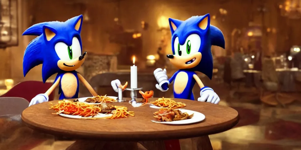 Prompt: A render of Sonic the Hedgehog sitting across from Tails the Fox in a dark restaurant, Sonic looks like he is shocked, Tails is looking away in disgust, they both have spaghetti in front of them on a plate, movie, HDR, moody lighting, unique camera angle from the end of the table and between the two of them, orange candle lighting is glowing on their faces, romantic scene