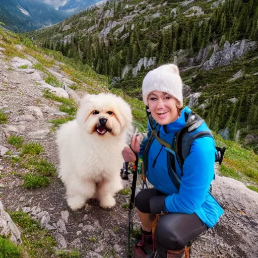 Prompt: cute dog with owner in a beautiful mountain hike picturesque