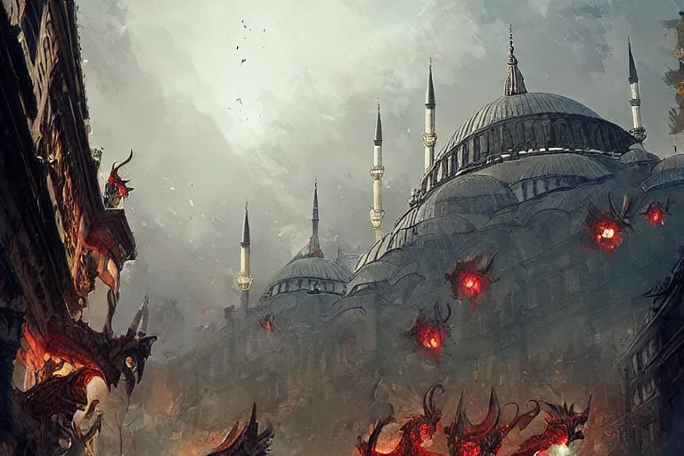 Prompt: Istanbul is invaded by dragons, art by Greg Rutkowski