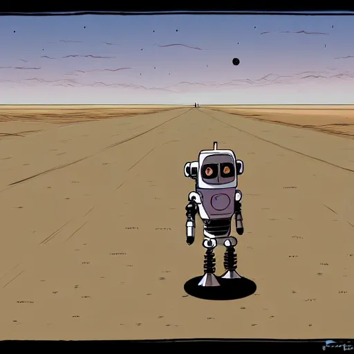 Image similar to a study of cell shaded cartoon of a robot dancing on a desert road, full body, wide shot, very muted colors, post grunge, studio ghibli, laurie greasley, highly detailed, deviantart, art by artgem