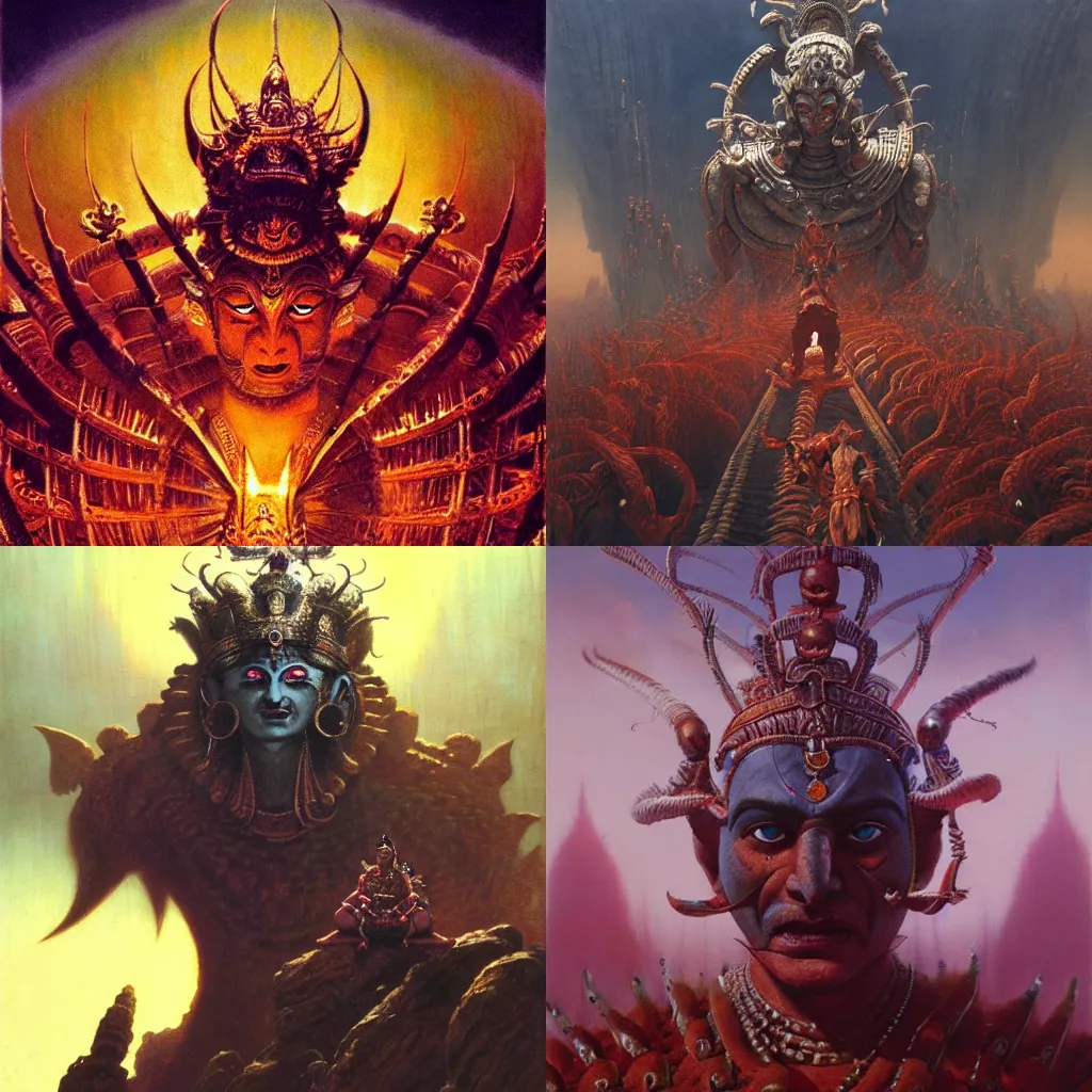 Prompt: an epic dramatic Asura King Ravan with (((ten heads))), from Ramayan , by Bruce Pennington, by Wayne Barlowe, by Greg Rutkowski, oil on canvas, masterpiece, detailed, dynamic, cinematic composition, beautiful lighting, view from ground, trending on artstation, top on pixiv, 8K, no frames,