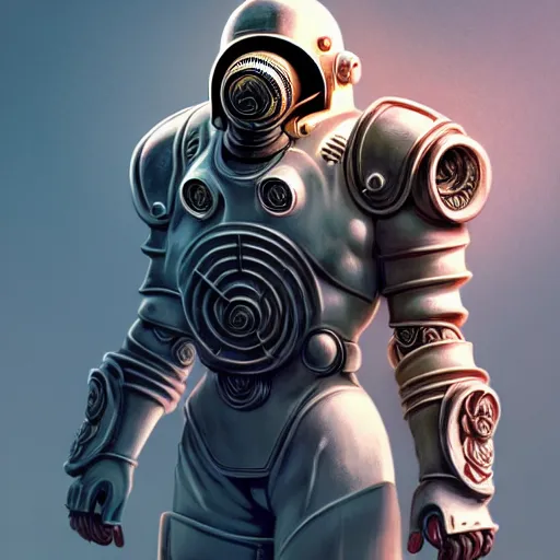 Prompt: perfectly - centered!! looking at the camera!!! low - angle!! full body portrait of fallout brotherhood in white power armor with roses, intricate abstract helmet intricate artwork, by tooth wu, wlop, beeple, dan mumford. concept art, octane render, deviantart, greg rutkowski, cinematic arthouse, key art, hyper realism, iridescent accents