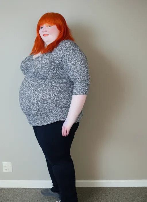 Prompt: professional full body photo of a young fat obese redhead woman