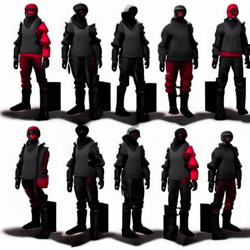 Prompt: fortnite character selection of kanye west using a full face covering black mask, a small, tight, undersized reflective bright red round puffer jacket made of nylon, dark jeans pants and big black balenciaga rubber boots, action figure, 5 points of articulation, full body, 4 k, highly detailed