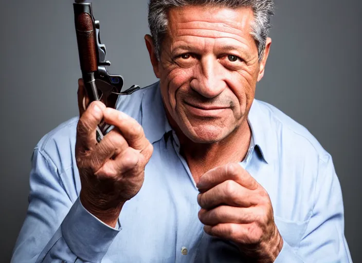 Image similar to studio portrait photo still of fred ward!!!!!!!! at age 5 3 years old 5 3 years of age!!!!!!! holding a revolver, 8 k, 8 5 mm f 1. 8, studio lighting, rim light, right side key light