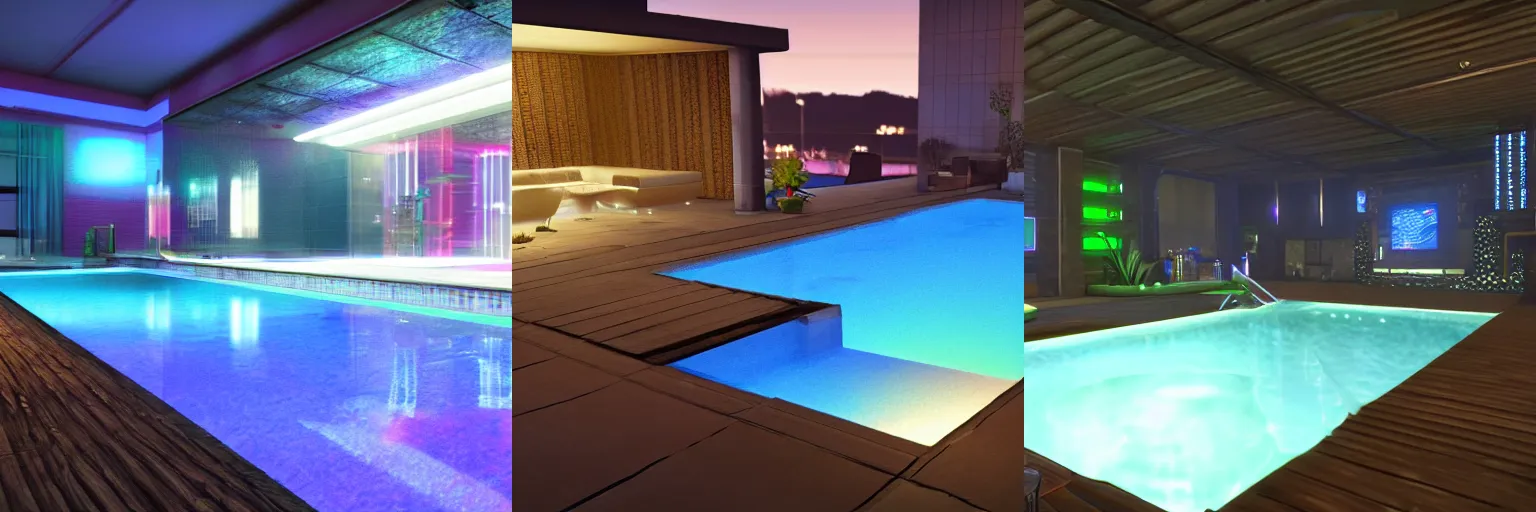 Prompt: A modern indoors pool party with cyberpunk illumination at night. GTA V In game render.