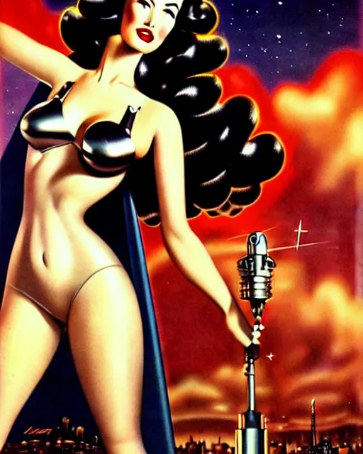 Image similar to closeup beautiful retro space dita von teese megan fox posing with a chrome robot in dieselpunk city at night, pinup, windblown dark hair, seductive, hyper detailed, digital art, smooth, sharp focus, gil elvgren, luis royo, alberto vargas, 1 9 5 0, when mars attacks