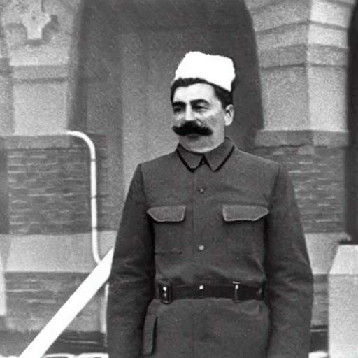 Image similar to stalin standing outside mcdonalds, dressed as santa clause, historical photo