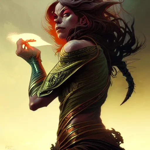 Prompt: An epic fantasy comic book style portrait of a female goblin, stormy setting, movie lightning, intricate, elegant, highly detailed, digital painting, artstation, concept art, matte, sharp focus, illustration, art by Artgerm and Greg Rutkowski and Alphonse Mucha