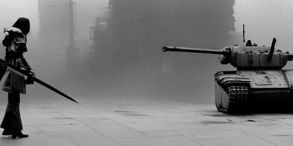 Prompt: modern chicago streets, elegant female samurai ninja, with large sword, open exposed back, wide leg hakama trousers, approaches a biomechanical organic military tank ww 2 mech robot, boss fight, black and white, cinematography, movie, fog, atmospheric perspective, by akira kurosawa,