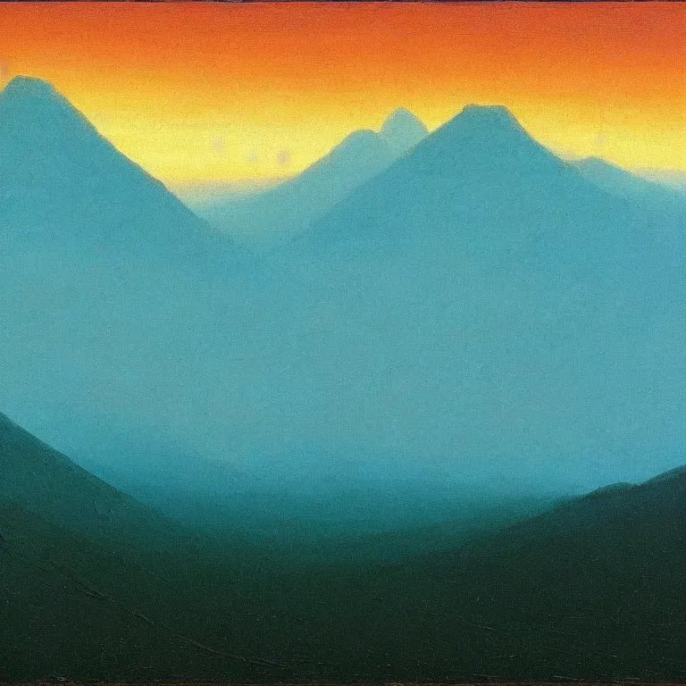 Prompt: caucaus mountains at dawn, arkhip kuindzhi painting, teal palette, impasto sun, pythagorean mysticism
