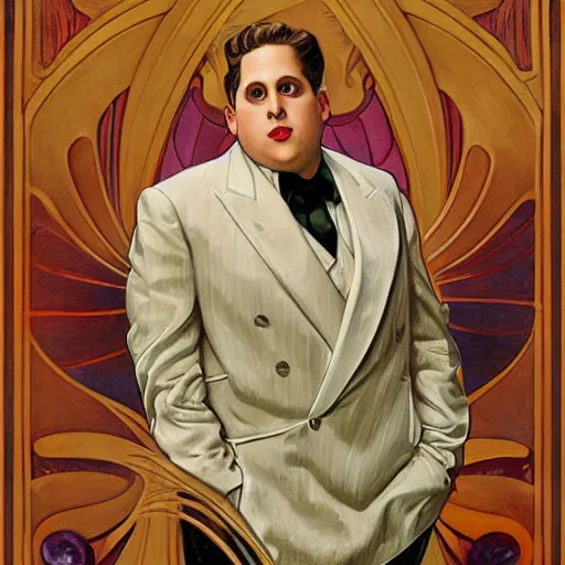 Prompt: an art nouveau streamline moderne portrait of jonah hill in the style of donato giancola and charles dulac and anna dittmann.