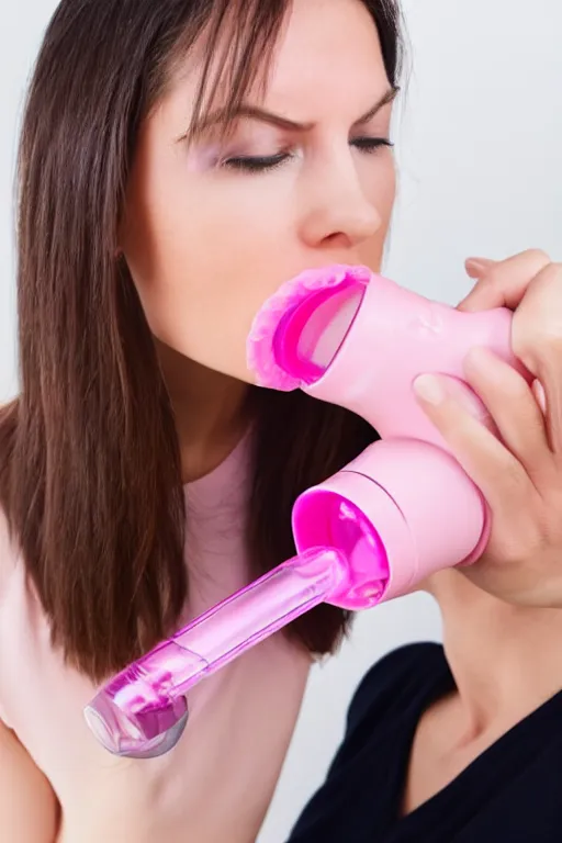 Prompt: Woman Breathing Through a Pink Vapor Inhaler, side view