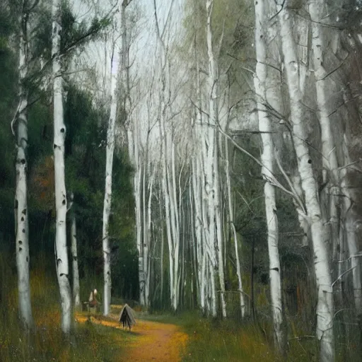 Image similar to woman with dark long hair in white dress, walking through aspen forest, jeremy lipking, joseph todorovitch