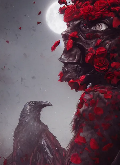 Image similar to red color details, portrait, A crow with red eyes in front of the full big moon, book cover, red roses, red white black colors, establishing shot, extremly high detail, foto realistic, cinematic lighting, by Yoshitaka Amano, Ruan Jia, Kentaro Miura, Artgerm, post processed, concept art, artstation, raphael lacoste, alex ross, portrait, A crow with red eyes in front of the full big moon, book cover, red roses, red white black colors, establishing shot, extremly high detail, foto realistic, cinematic lighting, by Yoshitaka Amano, Ruan Jia, Kentaro Miura, Artgerm, post processed, concept art, artstation, raphael lacoste, alex ross