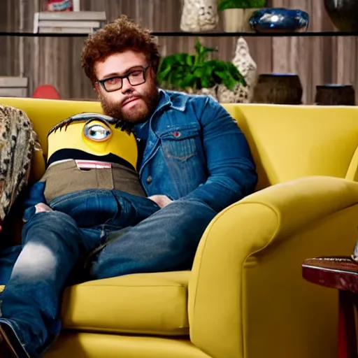 Prompt: seth rogan sitting down on a couch next to a minion, sharing a bong