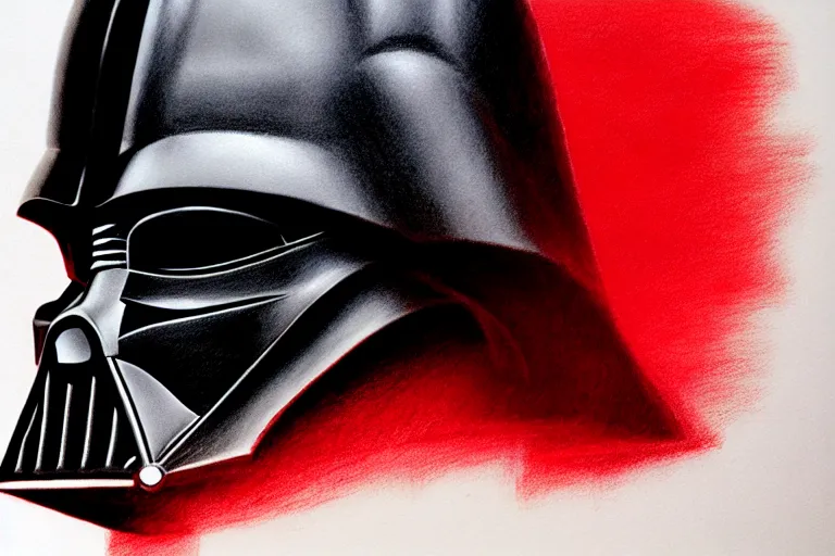 Image similar to darth vader helmet, pencil drawing, red and black, chiaroscuro, high detail, perfect artwork, clean lines