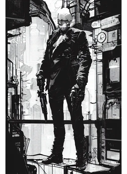 Prompt: the gentleman. cyberpunk assassin. portrait by ashley wood and alphonse mucha and laurie greasley and josan gonzalez. illustration, pop art, cinematic. realistic proportions. moody industrial setting. artstationhq. smooth. sharp focus.