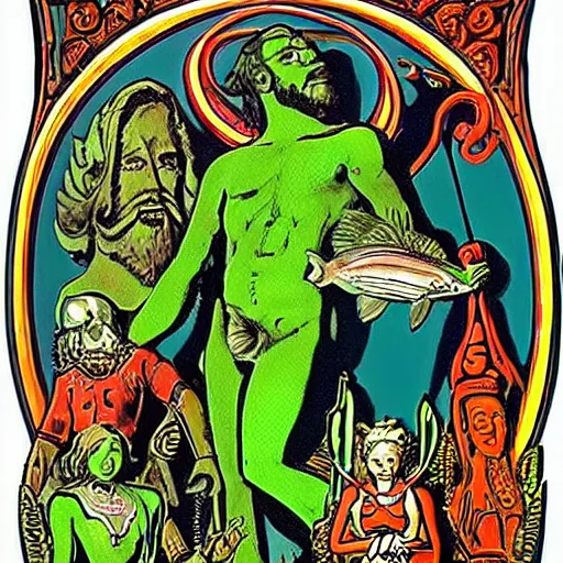 Image similar to by bill medcalf, by milo manara decorative neon green. a performance art of a mythological scene. large, bearded man seated on a throne, surrounded by sea creatures. he has a trident in one hand & a shield in the other. behind him is a large fish. in front of him are two smaller creatures.