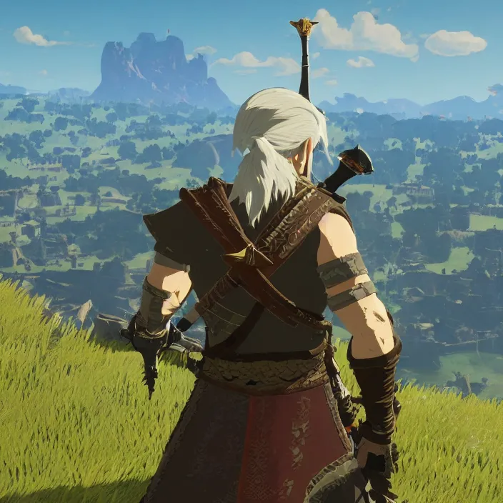 Image similar to Geralt of Rivia in The Legend of Zelda Breath of the Wild, detailed screenshot