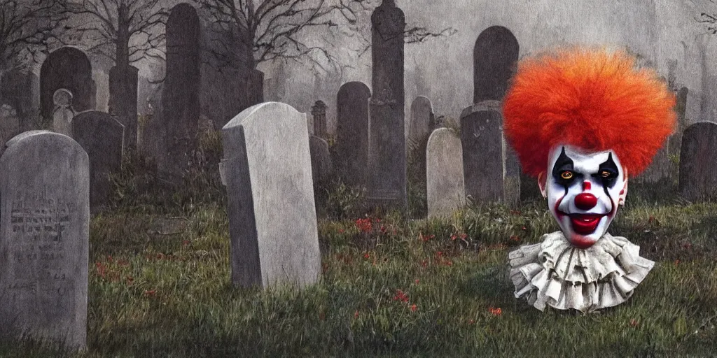 Image similar to realistic painting of it clown in a graveyard