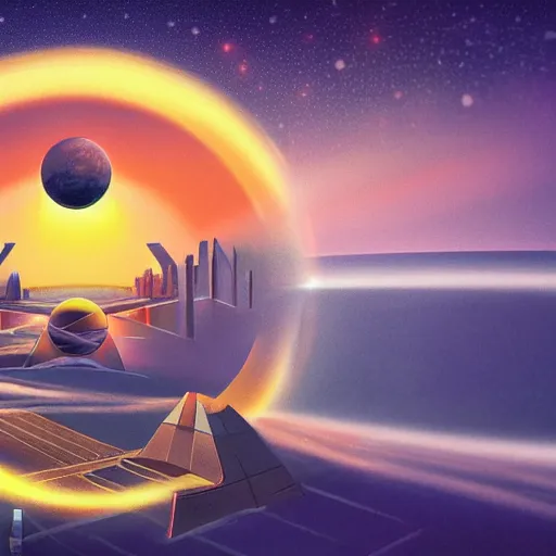 Image similar to hexagon between the sun and planet earth, trending on art station, art deco, retro futurism, realistic, perspective