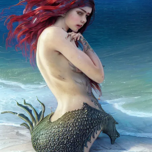 Prompt: a sad mermaid covered in a motor oil and thrash on the beach, ultra realistic, concept art, intricate details, highly detailed, photorealistic, octane render, 8 k, unreal engine. art by artgerm and greg rutkowski and magali villeneuve and alphonse mucha