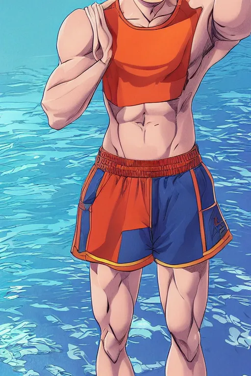 Image similar to a handsome man with blonde hair who is also a male android, ken, muscular, wearing a cut-off white tank top and short light orange shorts, stands by a swimming pool, facing forward, in the style of artgerm and moebius and annie liebovitz, photorealistic, highly detailed