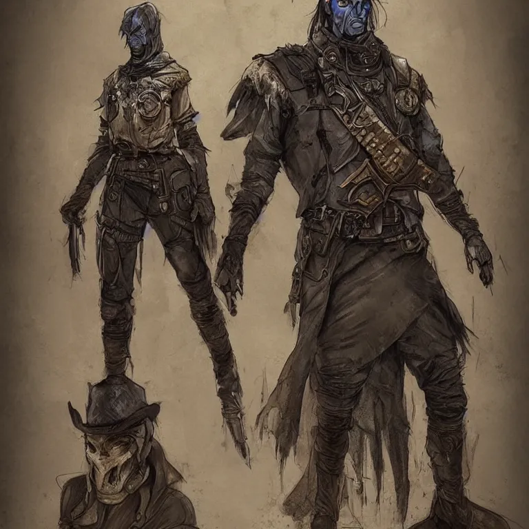 Image similar to full body+ face concept art of a post-apocalyptic sheriff marshal in the style of high fantasy art in the style of Wild west art trending on artstation deviantart Pinterest detailed realistic High Resolution HD 8k