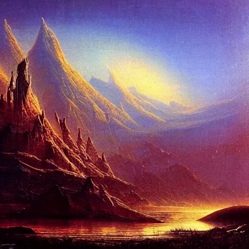 Image similar to world of bruce pennington, beautiful extremely detailed landscape oil on canvas in the style of 1 9 th century hudson river school of art
