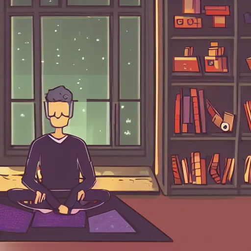 Image similar to a skinny computer nerd guy sitting on the floor of his room, crossed legs, laptop, smartphone, video games, tv, books, potions, jars, shelves, knick knacks, tranquil, calm, sparkles in the air, magic aesthetic, fantasy aesthetic, faded effect, illustration, digital illustration, detailed, highly detailed, 4K