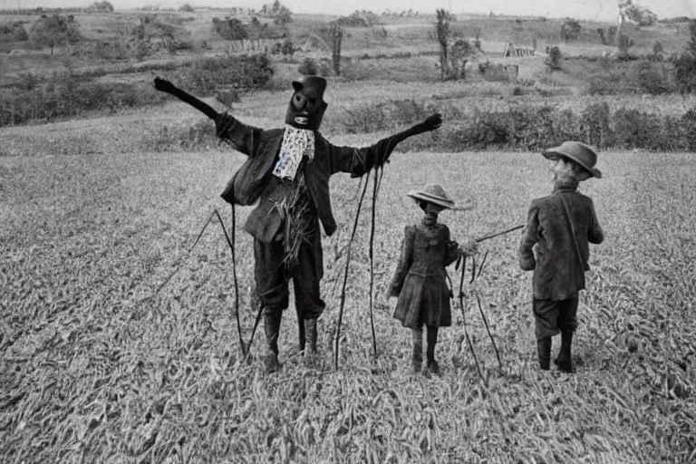 Image similar to sketchy scarecrow from the early 1 9 0 0's leading children into the cornfields