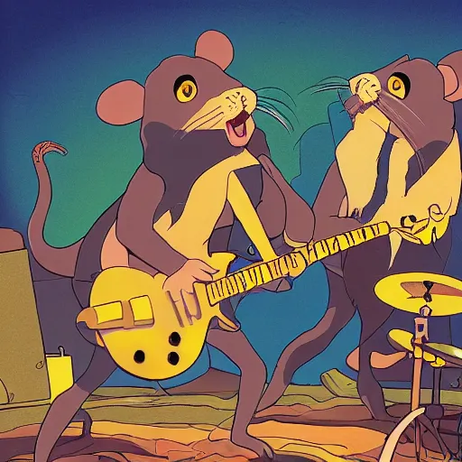 Image similar to rats playing in a rock band inspired by the beatles, wholesome, ghibli and disney animation, sharp, art by ken anderson and mel shaw, dramatic lighting, brown palette, high detail