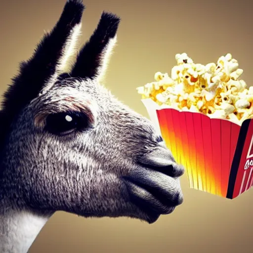 Image similar to photo of a rainbow llama eating popcorn and watching tv